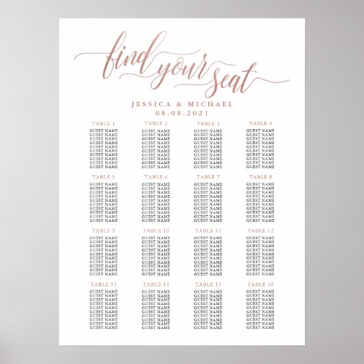 Poster 16 Table Rose Gold Wedding Guest Seating Chart (Devant)