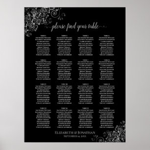Poster 16 Table Silver Frills Black Wedding Seating Chart