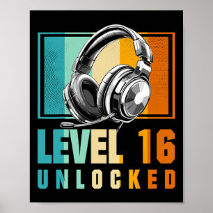 Poster 16e Anniversaire Joueur vidéo garçon niveau 16 Dév