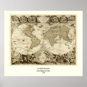 Poster 1708 World Map by Jean Baptiste Nolin