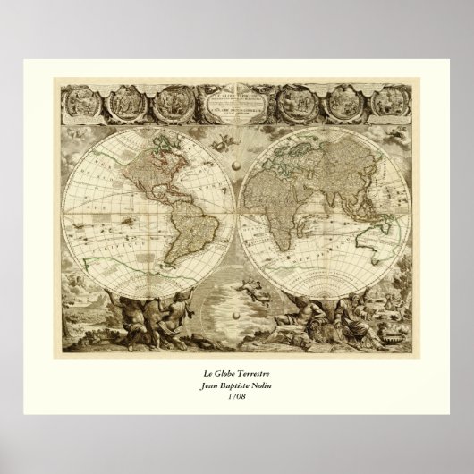 Poster 1708 World Map by Jean Baptiste Nolin (Devant)