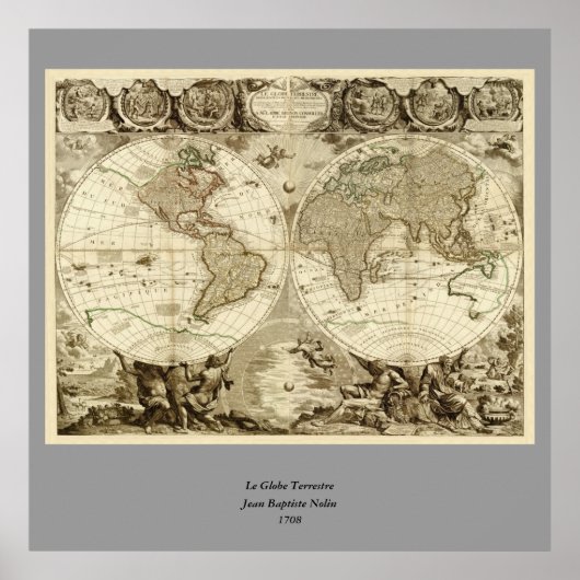 Poster 1708 World Map by Jean Baptiste Nolin (Devant)