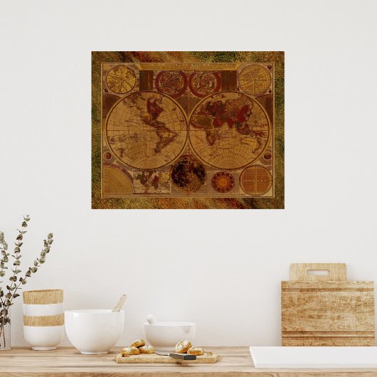 Poster 1780 Ancien Monde Carte Art avec bordure effet cui (Cuisine)