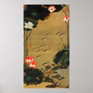 Poster 17. 蓮 池 遊 魚 図, 若 冲 Pond avec Le Lotus, Jakuchu