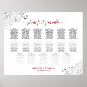 Poster 17 Table Frilly White Wedding Seating Chart Red