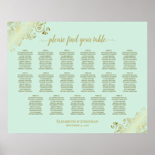 Poster 17 Table Mint Green & Gold Wedding Seating Chart