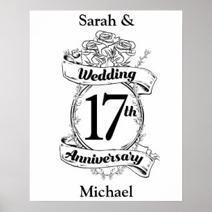 Poster 17e anniversaire du Mariage Roses noires et blanch