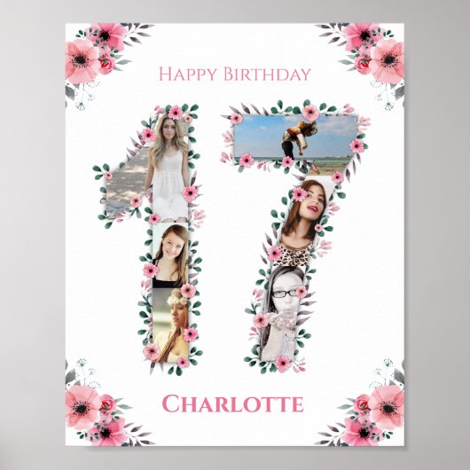 Poster 17e anniversaire Fille rose Photo Collage Blanc (Devant)