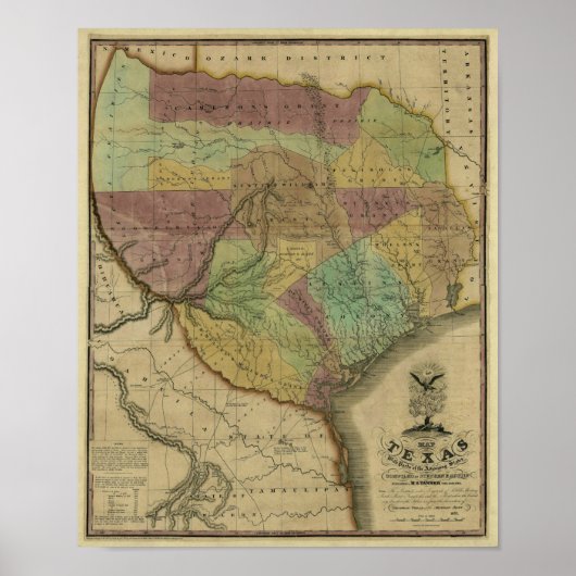 Poster 1837 Texas Map avec des parties des États adjacent (Devant)