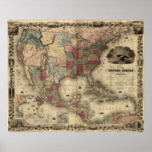 Poster 1850 Carte des États-Unis d'Amérique
