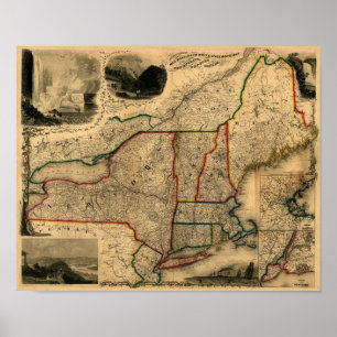 Poster 1850 Carte ferroviaire de la Nouvelle-Angleterre,