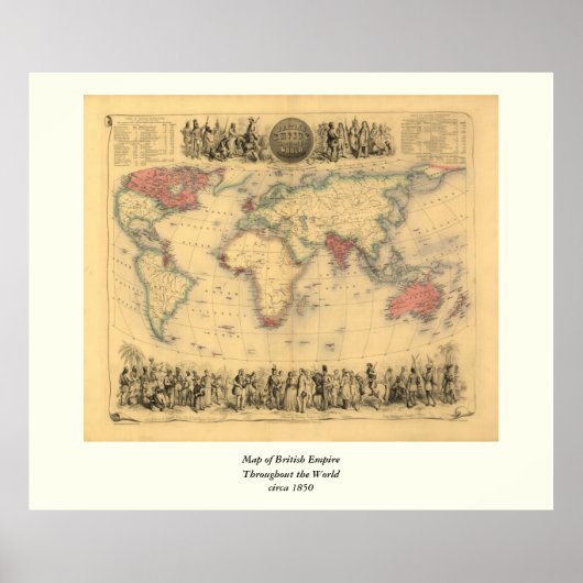 Poster 1850's Map of British Empire Throughout the World (Devant)