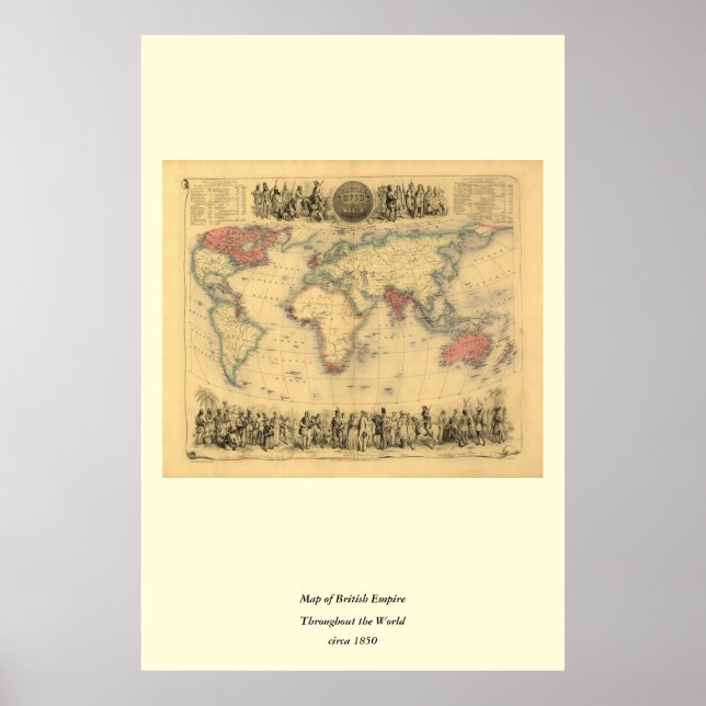Poster 1850's Map of British Empire Throughout the World (Devant)