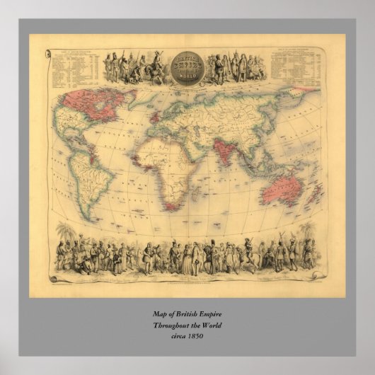 Poster 1850's Map of British Empire Throughout the World (Devant)