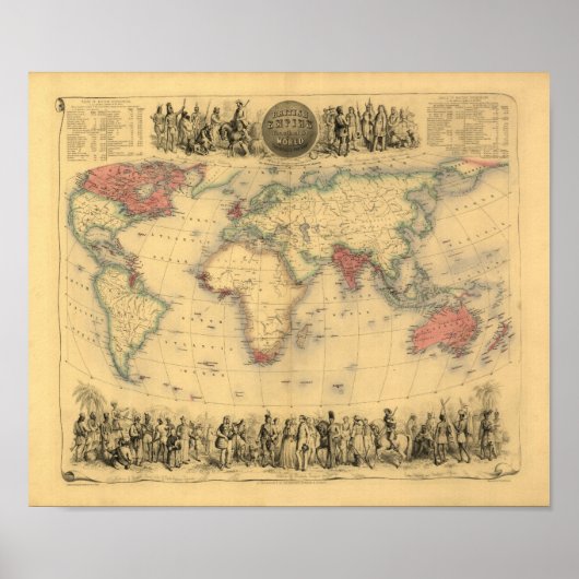 Poster 1850's Map of British Empire Throughout the World (Devant)