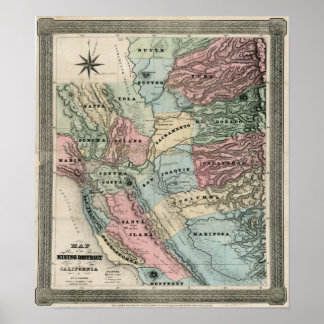 Poster 1851 Carte du district minier de Californie