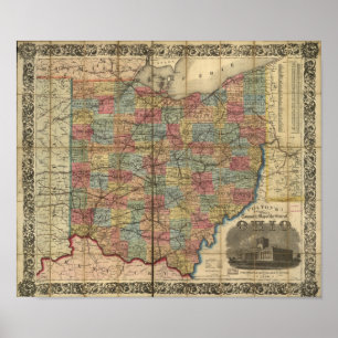 Poster 1854 Carte ferroviaire antique de l'Ohio