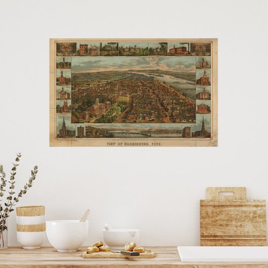 Poster 1855 Harrisburg, PA Oiseaux Vue panoramique (Cuisine)