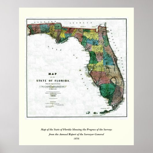 Poster 1856 Carte de l'État de Floride par Columbus Drew (Devant)