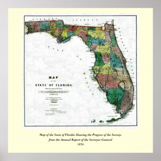 Poster 1856 Carte de l'État de Floride par Columbus Drew (Devant)