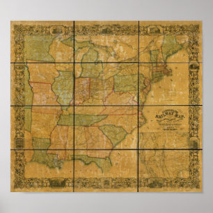 Poster 1856 Carte des chemins de fer antiques des États-U