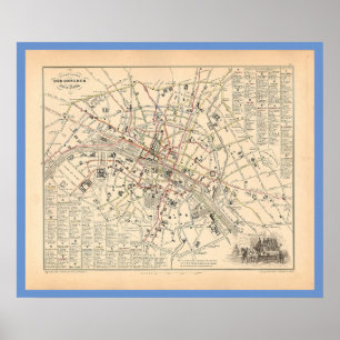 Poster 1858 Carte : Itineraire des Omnibus dans Paris Fra