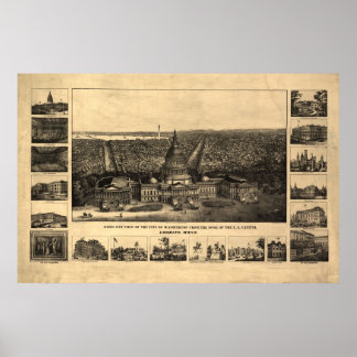 Poster 1860-90 Washington DC Birds Eye View Panoramic Map