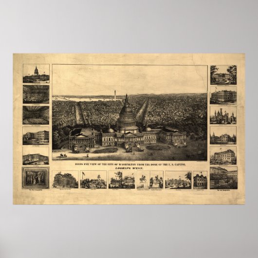 Poster 1860-90 Washington DC Birds Eye View Panoramic Map (Devant)