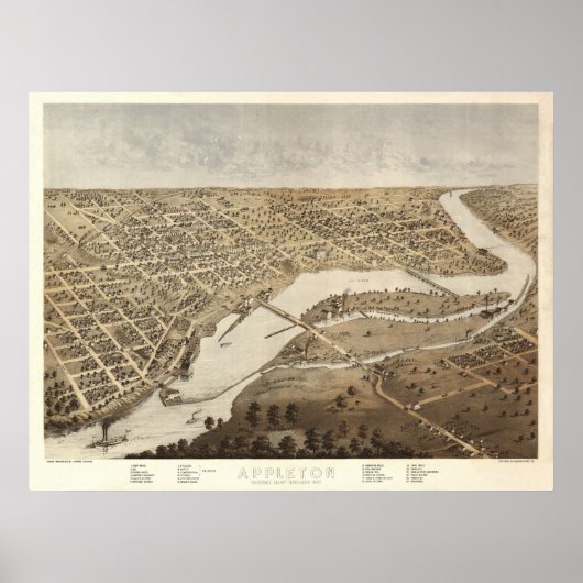Poster 1867 Appleton, WI Birds Eye View Panoramic Map (Devant)