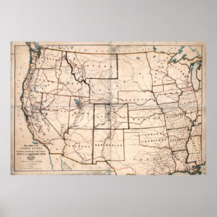 Poster 1867 Carte des routes STAGECOACH et MAIL