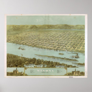 Poster 1867 Winona, MN Oiseaux Vue panoramique Carte