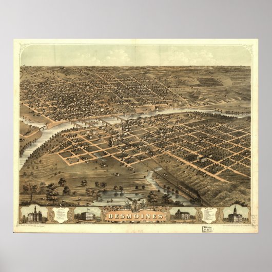 Poster 1868 Des Moines, IA Oiseaux Vue panoramique Carte (Devant)