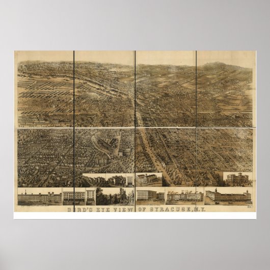 Poster 1868 Syracuse, NY Oiseaux Vue panoramique Carte (Devant)