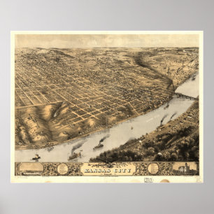 Poster 1869 Kansas City, carte panoramique de vue d'oeil