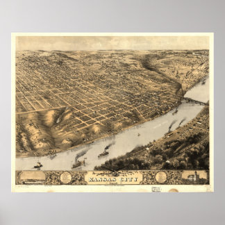 Poster 1869 Kansas City, MO Oiseaux Vue panoramique Carte