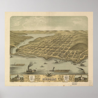 Poster 1870 Hudson, WI Oiseaux Vue panoramique Carte