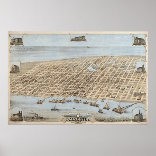 Poster 1871 Galveston, TX Oiseaux Vue panoramique Carte (Devant)