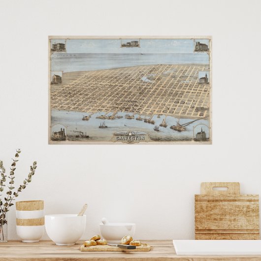 Poster 1871 Galveston, TX Oiseaux Vue panoramique Carte (Cuisine)