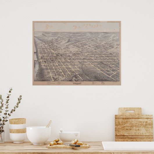 Poster 1872 Dallas, TX Oiseaux Vue panoramique Carte (Cuisine)