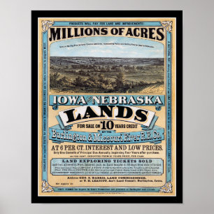 Poster 1872 Iowa Nebraska Vente de terrains