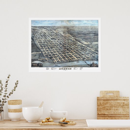 Poster 1873 Austin, TX Oiseau Vue panoramique (Cuisine)