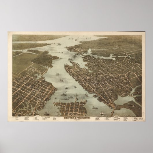 Poster 1873 Norfolk Portsmouth VA BirdsOeil Panoramique C (Devant)