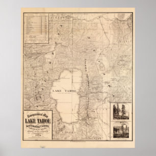Poster 1874 Map of Lake Tahoe Area California & Nevada