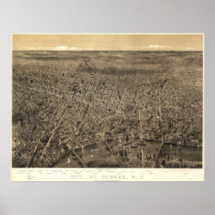 Poster 1874 Newark, NJ Birds Eye View Panoramic Map