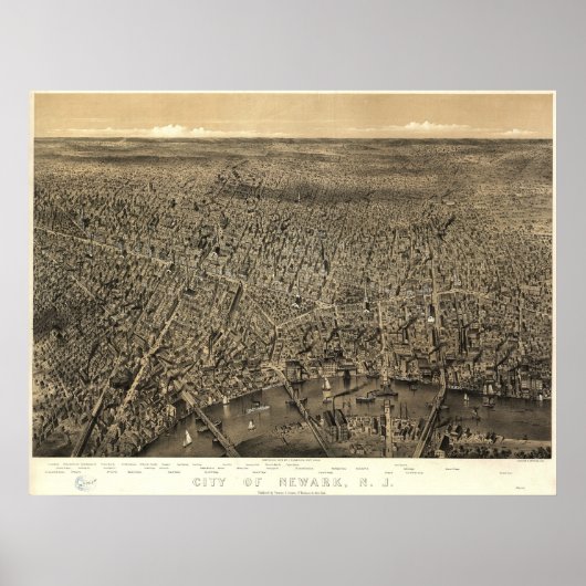 Poster 1874 Newark, NJ Birds Eye View Panoramic Map (Devant)