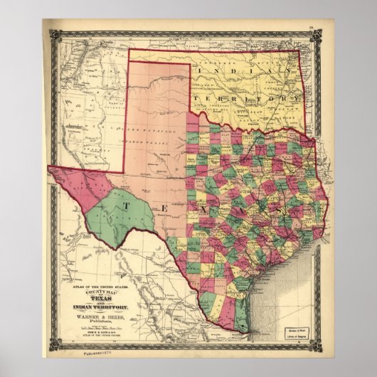 Poster 1875 Carte du Texas & Indian Territory (Oklahoma) (Devant)