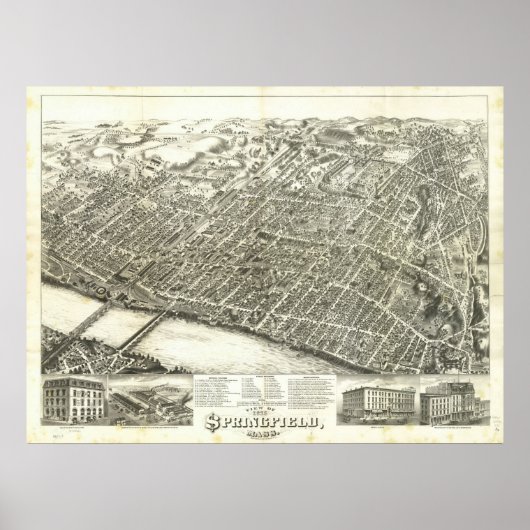 Poster 1875 Springfield, MA Oiseaux Vue panoramique Carte (Devant)