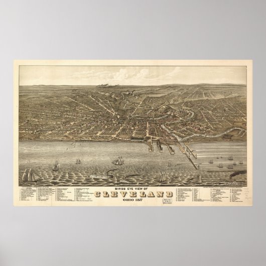 Poster 1877 Cleveland, OH Oiseaux Vue panoramique (Devant)