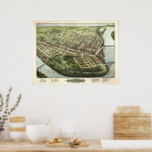 Poster 1877 Holyoke, MA Oiseaux Vue panoramique Carte (Cuisine)