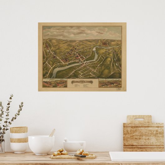 Poster 1877 Naugatuck CT Birds Eye View Panoramic Map (Cuisine)